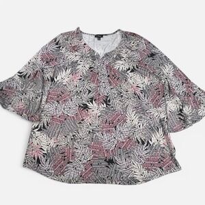Links Womens Blouse Top XL Shirt Notch Neck 3/4 Sleeve Flare Palm Leaf Gray Pink